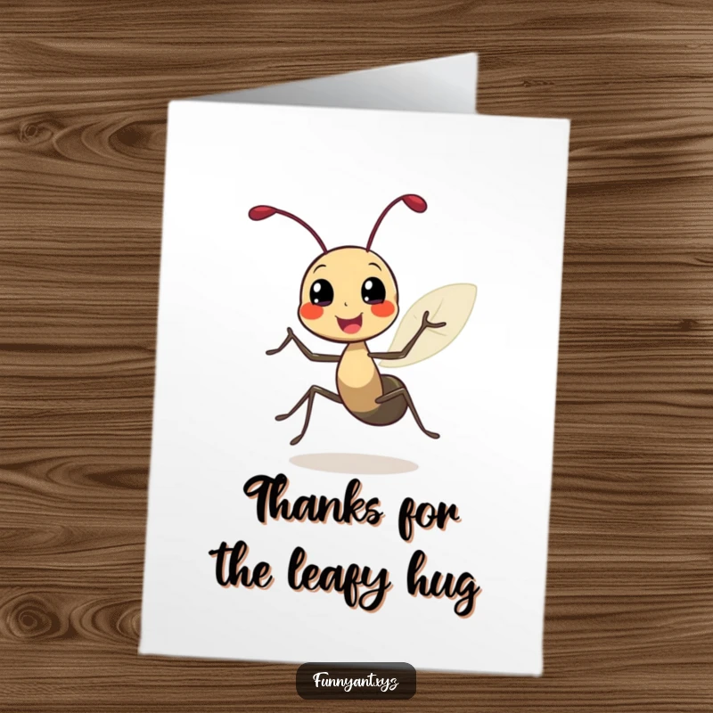 Funny Free Printable Thank You Card: Cute ant doing a joyful spin with leafy antennae, expressing thanks happily.