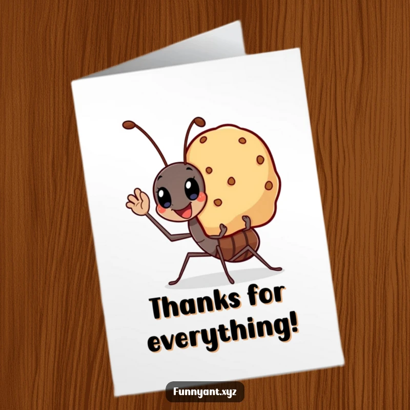 Funny Free Printable Thank You Card with a kawaii ant waving cheerfully while carrying a big smiling crumb, a sweet gesture of thanks.