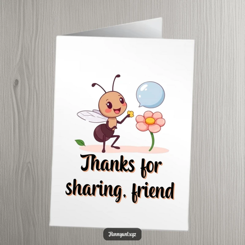 Funny Free Printable Thank You Card: A cheerful ant presents a single flower petal, a small but meaningful token of thanks.
