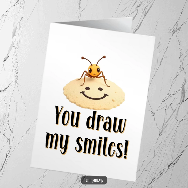 Funny Free Printable Thank You Card with a tiny ant drawing a smiley face in the sand, a creative way to say thanks.