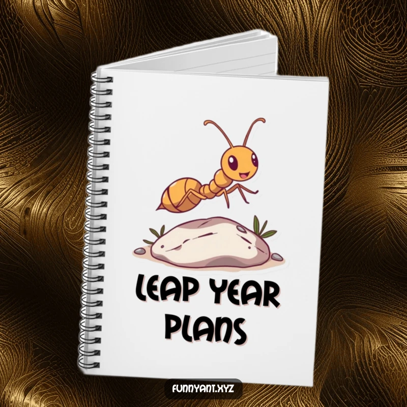 Funny Ant Leaping Pebble Notebook: An ant character humorously makes a grand leap over a small pebble, motivating note-taking.