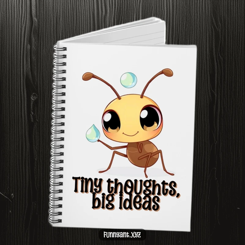 Funny Ant Notebook: A cute ant with curious eyes balancing a dewdrop on its antenna, perfect for note-taking and funny journaling.