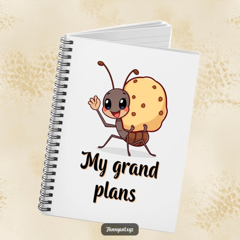 Funny notebook with a kawaii ant waving cheerfully carrying a smiling crumb, ideal for jotting down humorous plans.