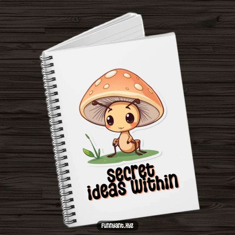 Funny notebook cover featuring a cute ant character peeking curiously from under a mushroom cap, perfect for jotting down ideas and observations.