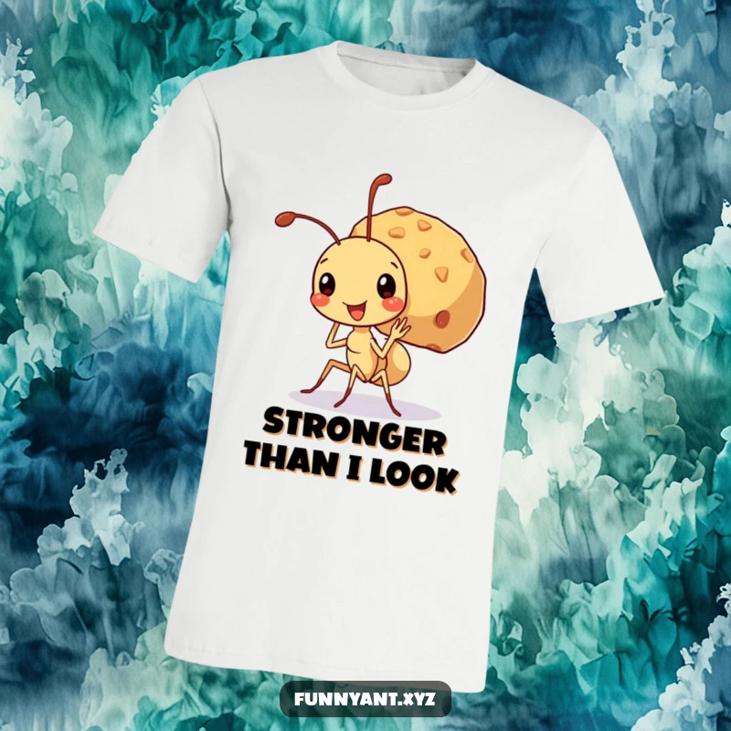 Funny T-Shirt featuring a cute ant character beaming with pride, carrying a massive crumb that dwarfs its own size, representing immense effort.