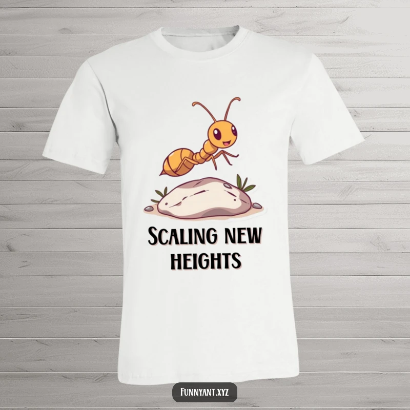 Funny Ant Leaping Pebble T-Shirt: A vibrant graphic of an ant character joyfully leaping over a tiny pebble, symbolizing overcoming challenges.