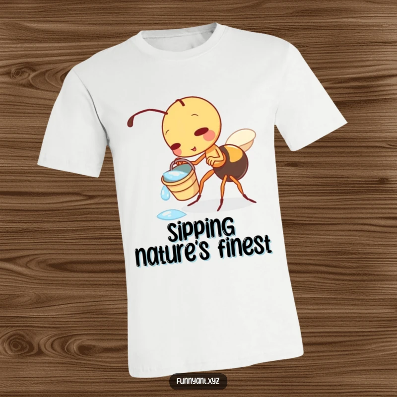 Funny T-Shirt featuring a cute ant character playfully tipping a tiny bucket overflowing with sparkling dewdrops, embodying innocent fun.