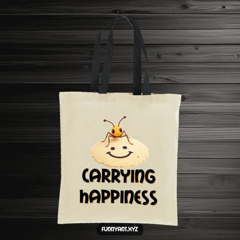 Funny tote bag with a tiny ant artistically drawing a smiley face in the sand, perfect for humorous art lovers.