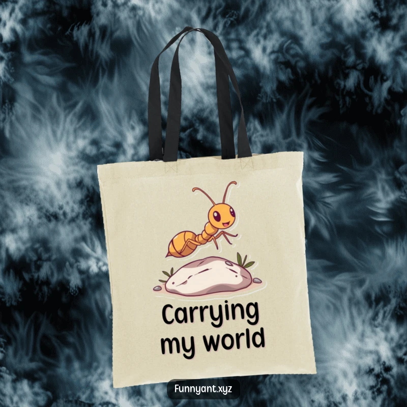 Funny Ant Leaping Pebble Tote Bag: An ant character is captured mid-leap over a tiny pebble, exuding joy and a sense of accomplishment.