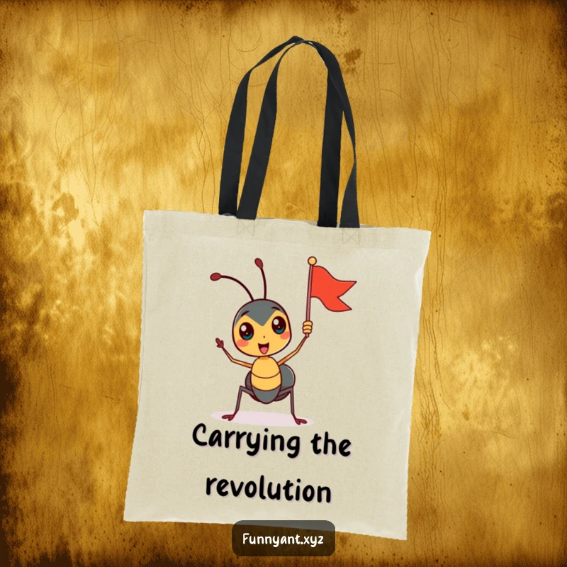 Funny tote bag featuring a cute ant character enthusiastically waving a miniature flag, perfect for carrying groceries with a dose of happiness.