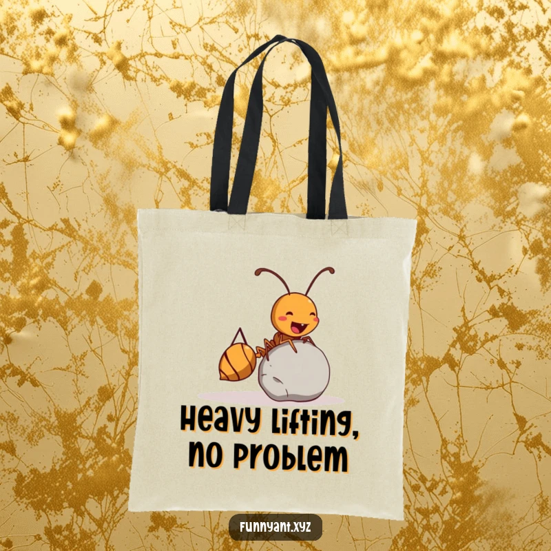 Funny Ant Tote Bag: A cute ant cheerfully rolling a pebble twice its size, a funny and durable bag for everyday adventures.