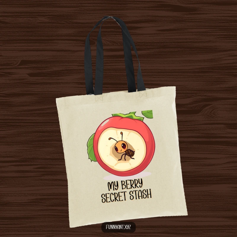 Funny Tote Bag: A curious ant peeking inside a hollow berry, ideal for carrying daily items with a sense of tiny adventure.