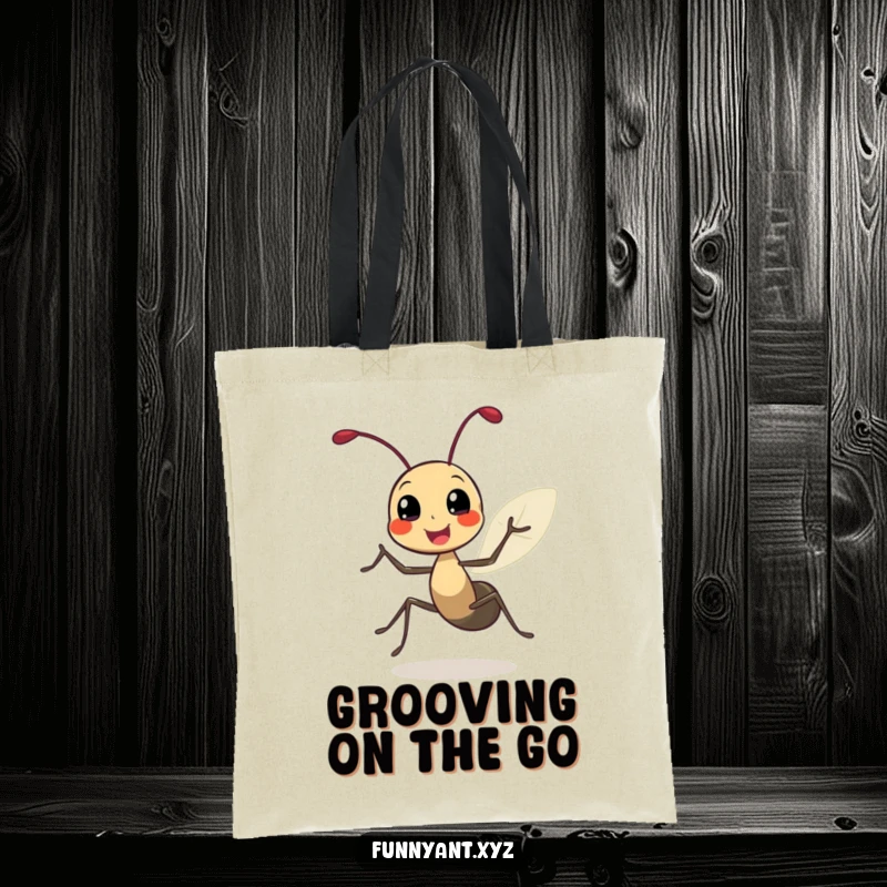 Funny tote bag featuring a cute ant character doing a joyful spin with leafy antennae, perfect for carrying essentials with a smile.